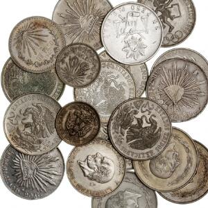 Mexico, lille samling bestående af diverse sølvmønter, i alt 19 stk., Ag, 430 g i varierende finhed