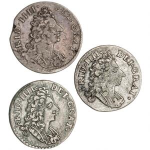 Norge, Frederik IV, 8 skilling 1700, 1704, 1711, NM 20, 25, 32, H 6A, B, i alt 3 stk.
