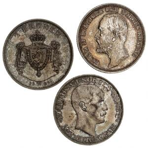 Norge, Haakon VII, 2 kr 1907, NM 4, 2 kr 1913, NM 9 samt Sverige, 2 kr 1904, SM 58, i alt 3 stk.
