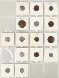 Norge, lille samling mønter, bl.a. 2 skilling 1788, NM 85, H 16, 4 skilling 1842, NM NM 45, 12 skilling 1856, NM 33, i alt 64 stk. i varierende kvalitet