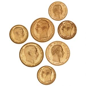 Lille samling guldmønter from Christian IX, Frederik VIII og Christian X, i alt 10 kr 4 stk. og 20 kr 3 stk. i kval. 01