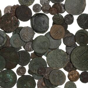 Samling med mere end 70 antikke mønter fra Grækenland, Rom, Byzans, Kalifatet m.m.
