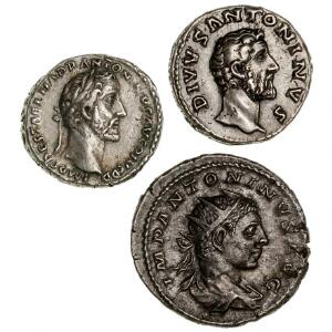 Romerske kejserdømme, Divus Antoninus pius, denar slået under Marcus Aurelius, 3,50 g, RIC 436 samt denar og antoninian fra Antoninus Pius og Elegabal