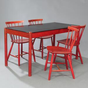Poul M. Volther, Jørgen Bækmark Spisestue bestående af bord samt fire stole. Stel af rødbejdset bøg, bordtop af sortlakeret træ. 5