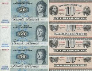 Samling sedler Danmark inkl. 10 kr 1966 - 1978 13 stk., 50 kr 1976 3 stk. etc., i alt 16 stk., alle ucirkulerede