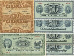 Danmark samling sedler inkl. div. 5, 10, 20 kr 15 stk. bl.a. 10 kr 1927, 1928, 50 kr 1960, 1970 2 stk., 500 kr 1967, samlet 19 stk.