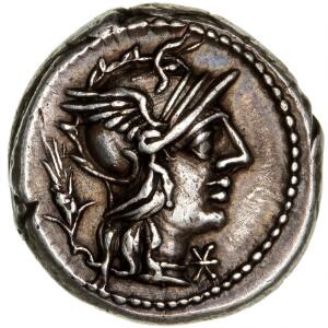 Romerske republik, Cn. Domit, denar, 128 f.Kr., 3,95 g, Cr. 2611