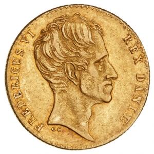 Frederik VI, 2 Frederik dor 1836, H 5A, F 288, mønten er kun 27 mm i diameter, vejer 11,85 g og er blevet opgraveret på kanten med ny rifling