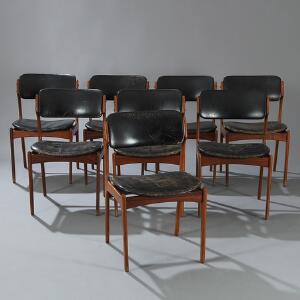 Hans Olsen Spisestue af palisander bestående af spisebord med hollandsk udtræk samt otte stole, betrukket med sort skind. 9