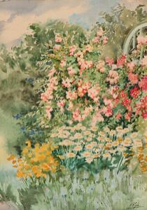 Olga Alexandrova Farverige blomster i en have. Sign. Olga. Vandfarve på papir monteret på malepap. 31 x 21.