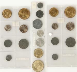 Uofficielle årssæt 1955, 1957, 1958, 21 mønter, i smukke, ucirkulerede kvaliteter