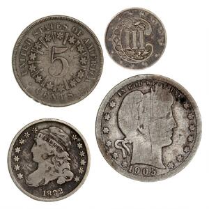 USA, 1 cent 1858, 01, KM 85, AM rører hinanden, 3 cents 1858, KM 80, 5 cents 1866, KM 96, 5 cents 1883 1-01, 10 cents 1832, KM 48, 14 dollar 1905,