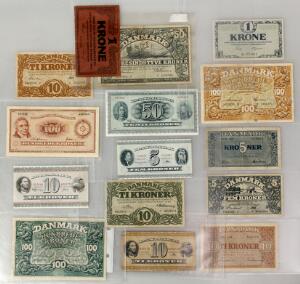 Samling sedler inkl. 5 kr 1943, 1950, 1959, 10 kr 1943, 1944, 1948, 1951, 50 kr 1941, 1970, 100 kr 1944, 1970 etc. samlet 15 stk.
