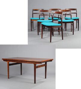 Henning Kjærnulf Spisebord af palisander med hollandsk udtræk. Samt seks stole. Udført hos Vejle Stolefabrik. H. 72. L. 158262. 7