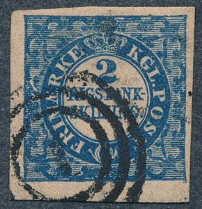 1852. 2 RBS Thiele. Plade I, nr.87. Type 7. Pænt mærke med fine rande og nr.stempel 1. Attest Møller AIEP.