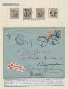 1904. 1524 øre, brun. Udstillingsplanche med matricetyper og REC brev fra Kjøbenhavn 10.11.1917 til Amsterdam og retur.