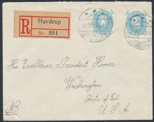 1930. Chr. X, 60 år 25 øre, blå. 2 stk. på lille REC-brev fra Havdrup 11.7.31 adresseret til President Hoover i Washington, USA, ankomststpl. 21.7.31