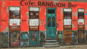 Frede Malmros Café Rangoon Bar. Sign. Frede Malmros 1978 samt sign., betitlet og dateret på bagsiden. Relief, mixed media. 32 x 56.