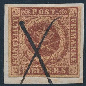 1851. 4 RBS FERSLEW 1b. Plade I, nr. 75 uretoucheret bundmønster, retoucheret krone. Flot eksemplar på lille klip med fin BLÆKANNULLERING. Attest