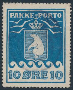 1905. 10 øre, blå. Smukt mærke med retvendt skjoldstempel. Attest Grønlund.