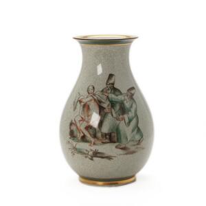 N. Tidemand Vase af porcelæn dekoreret med krakeléglasur samt glaserede scenerier. Sign. monogram, udført 1931. Kgl. P. H. 29,5.