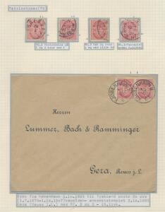 1884. 10 øre, rød, tk. 14. Udstillingsplanche med matricetyper og brev til Tyskland.