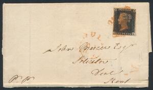 England. 1840. One penny, black. D-E. Bredrandet mærke på brev dog let berørt i øvre højre hjørne.
