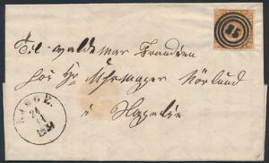 1854. 4 RBS Thiele III, gulbrun. PRAGT-brev med velplaceret nr.stempel 35 og sidestempel KJØGE 24.11.1854.