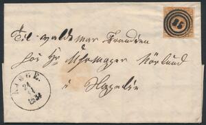 1854. 4 RBS Thiele III, gulbrun. PRAGT-brev med velplaceret nr.stempel 35 og sidestempel KJØGE 24.11.1854.