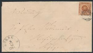1854. 4 RBS Thiele III, kastaniebrun. Pænt brev fra HORSENS 6.12.1854, sendt til Køge. Mærket en anelse berørt i øvre venstre side. Attest Kaiser.