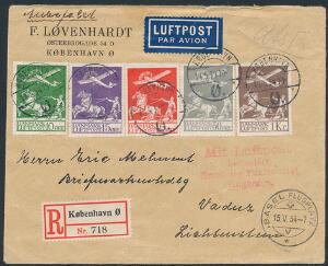 1925-1929. Gl. Luftpost. Komplet sæt på anbefalet brev til SCHWEIZ, stemplet KØBENHAVN Ø. 14.5.34.