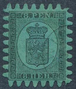 1866. 8 Penni, sort på grønt papir. Smukt mærke med perfekt takning og bystempel. Attest Grønlund.