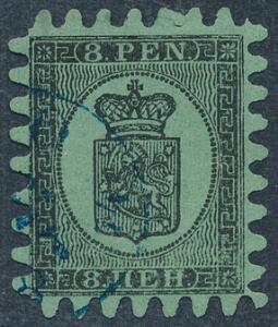 1866. 8 Penni, sort på grønt papir. Gennemstik II. Smukt mærke med perfekt takning og BLÅT bystempel. Facit 2000