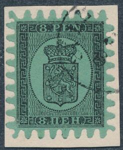 1866. 8 Penni, sort på grønt papir. Gennemstik III. Smukt mærke med perfekt takning og bystempel på lille brevklip. Facit 1500