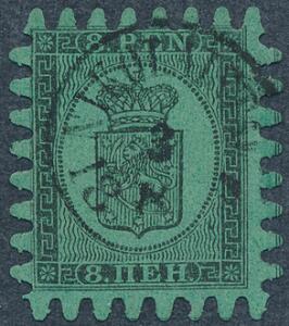 1866. 8 Penni, sort på grønt papir. Gennemstik III. Smukt mærke med perfekt takning og smukt bystempel. Facit 1500