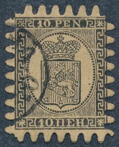 1866. 10 Penni, sort på gult papir. Gennemstik III. Smukt mærke med perfekt takning og bystempel. Facit 2500