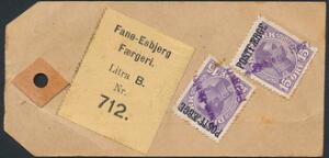 1919. Chr.X. 15 øre, lilla. 2 stk. brugt på TALLON, fra Fru Therkild Petersen, Esbjerg til Købmand Nielsen, Nordby-Fanø. Sjældent.