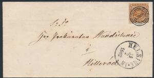 1858. 4 sk. brun. Smukt brev med flot og rent stempel ESROM og sidestempel HELSINGØR 15.2.1862, sendt til Hillerød.