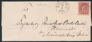 1871. 4 skilling, rød. Linietakket 12 12. Single på brev fra VIBORG 4.4, til Hammel.