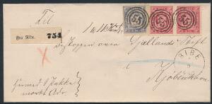 1871. 2 skilling, blå og par 4 skilling, rød. Adressebrev for en pakke, sendt fra RIBE 5.9.4POST, til København. Smuk og sjælden forsendelse.
