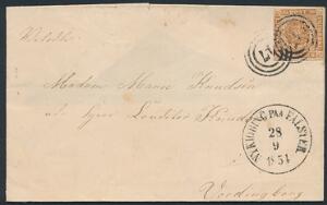 1854. 4 RBS Thiele III, olivenbrun. Pænt brev fra NYKIØBING PAA FALSTER 28.9.1854, sendt til Vordingborg.