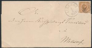 1854. 4 RBS Thiele III, gulbrun. Bredrandet mærke på PRAGT-brev fra ITZEHOE 4.3.1855. Attest Grønlund.