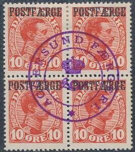 1919. Chr.X. 10 øre, rød. 4-BLOK med perfekt violet stempel AGGERSUND FÆRGERI. Pragtkvalitet. AFA 2800