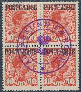 1919. Chr.X. 10 øre, rød. 4-BLOK med perfekt violet stempel AGGERSUND FÆRGERI. Pragtkvalitet. AFA 2800