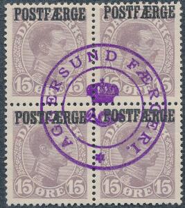 1919. Chr.X. 15 øre, matlilla. 4-BLOK med perfekt violet stempel AGGERSUND FÆRGERI. Pragtkvalitet. AFA 2000