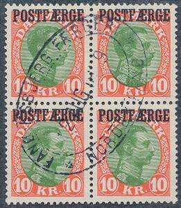 1930. Chr.X. 10 Kr. rødgrøn. Smukt stemplet 4-BLOK. AFA 4000