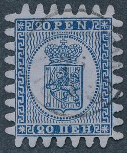 1866. 20 Penni, blå. Gennemstik III. Smukt mærke med perfekt takning og bystempel.