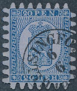 1866. 20 Penni, blå. Gennemstik III. Smukt mærke med perfekt takning og bystempel.