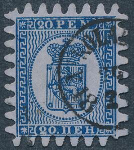 1866. 20 Penni, blå. Gennemstik III. Smukt mærke med perfekt takning og bystempel NIKOLAISTAD.