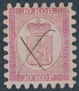 1860. 10 Kop, karmin. Gennemstik I. Smukt mærke med blæk-kryds.